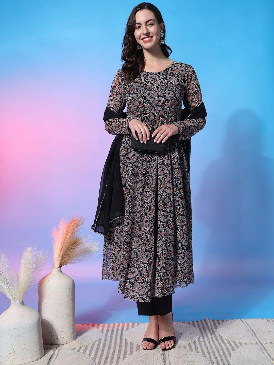 aspora women black paisley printed empire gotta patti kurta with trousers & with dupatta