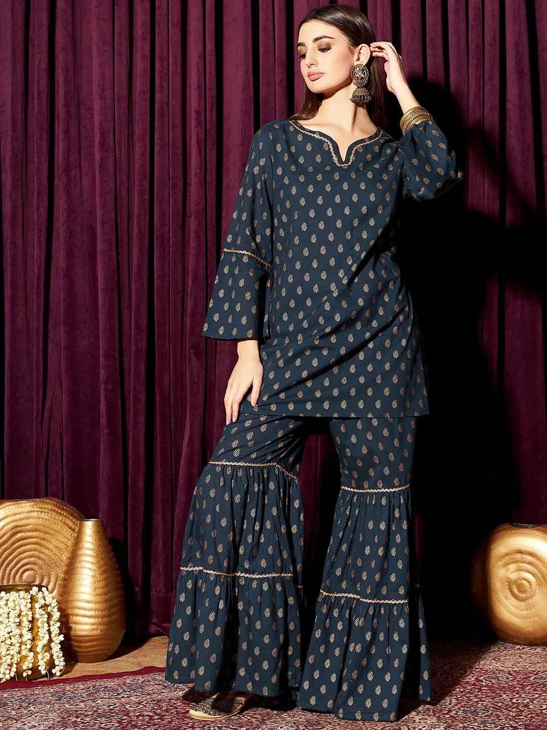 indo street ethnic motifs printed gotta patti pure cotton straight kurta with sharara