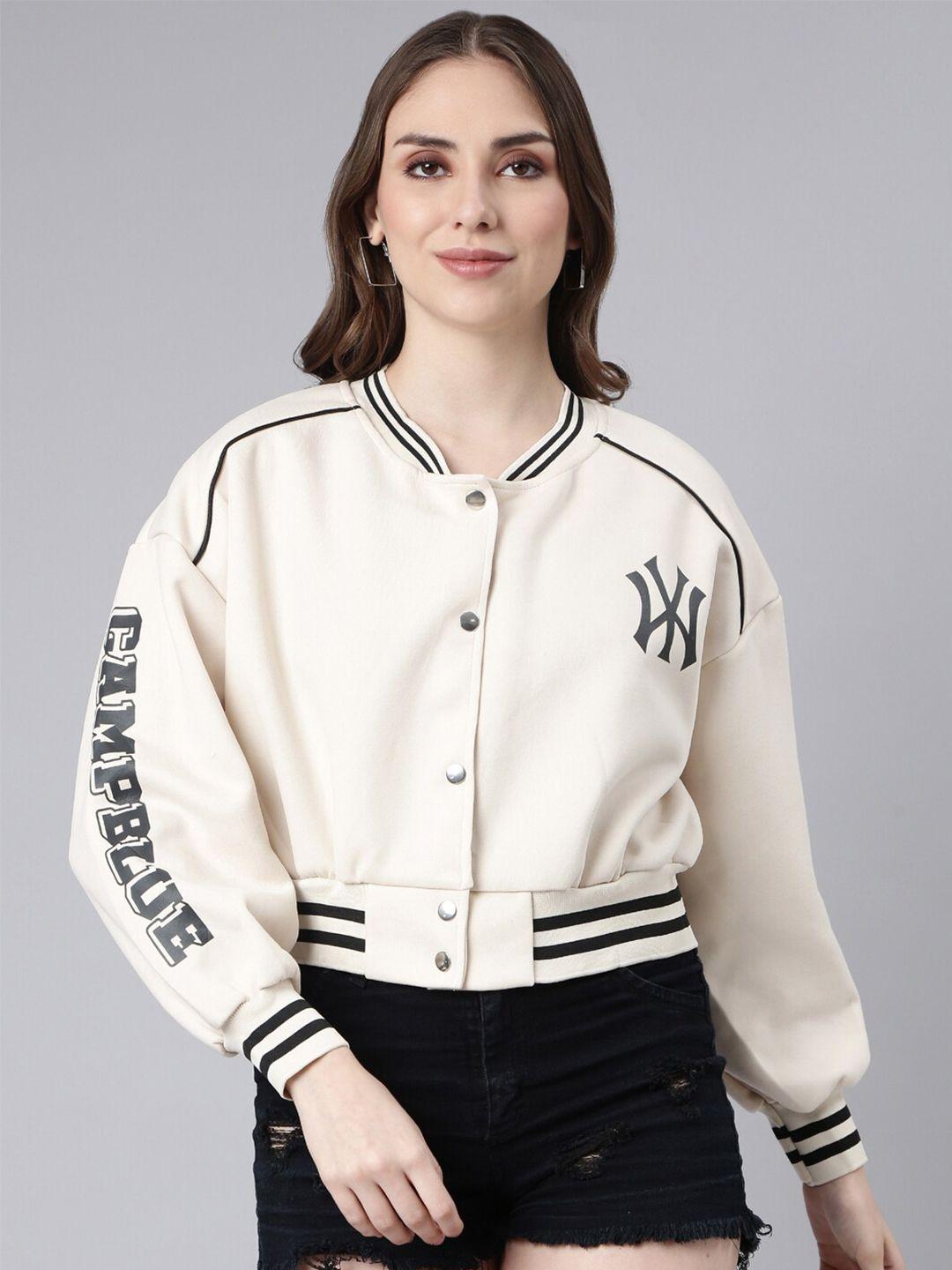 showoff typography printed windcheater cotton crop varsity jacket