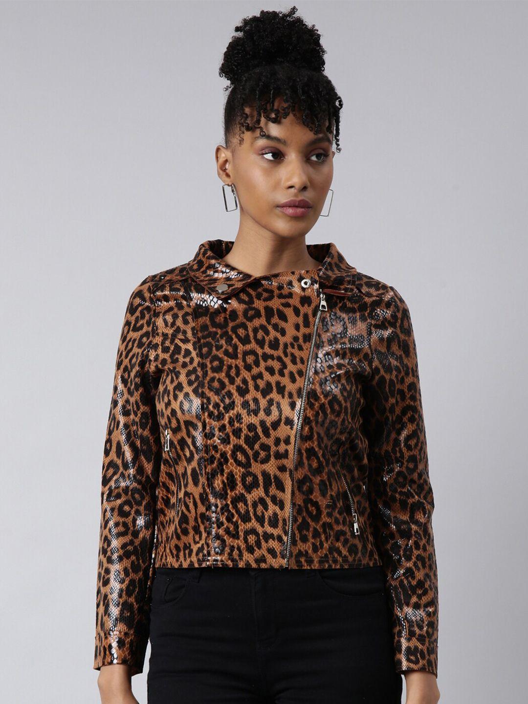 showoff animal skin printed spread collar windcheater crop biker jacket