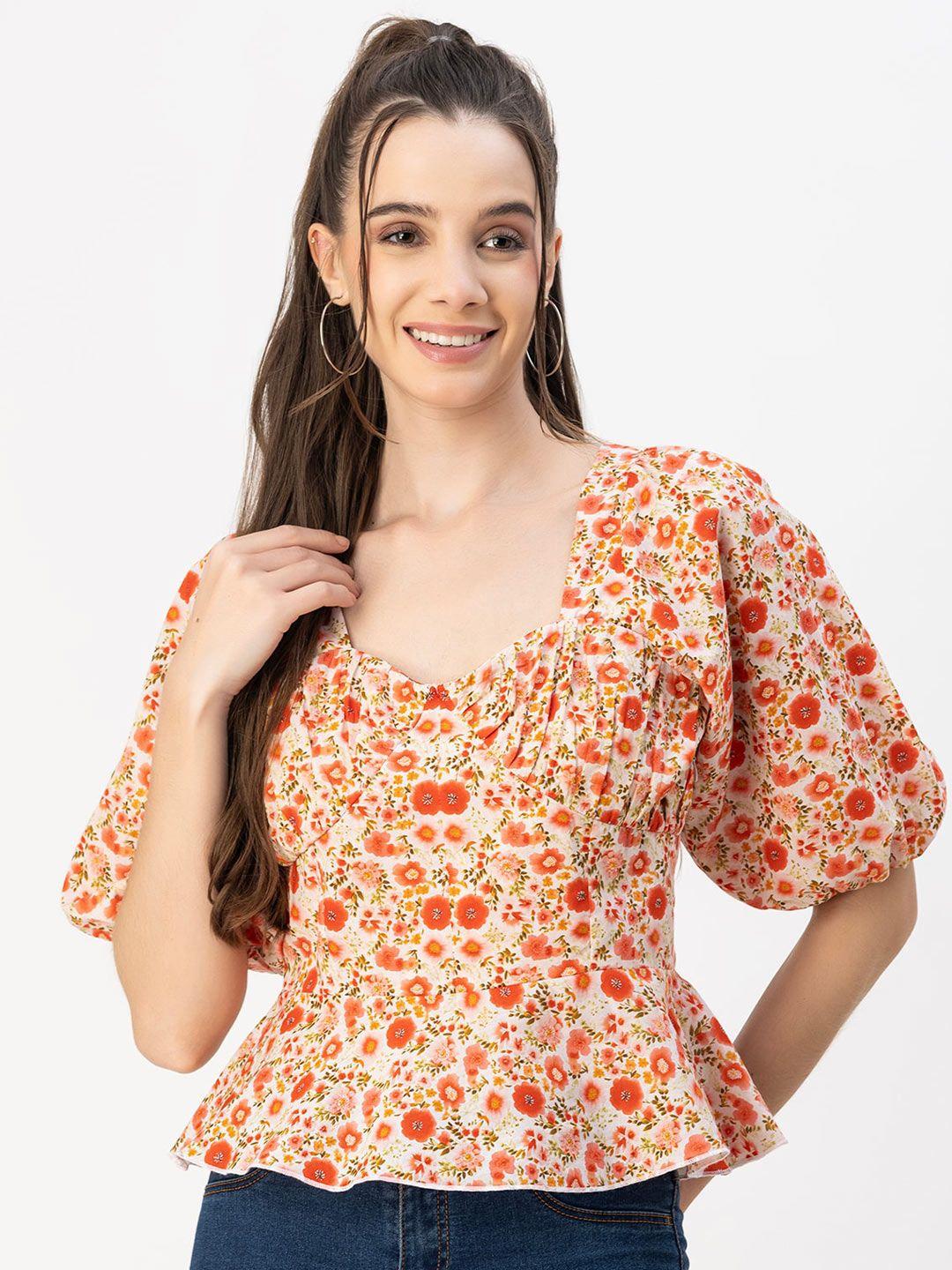 moomaya square neck floral print puff sleeve cotton peplum top