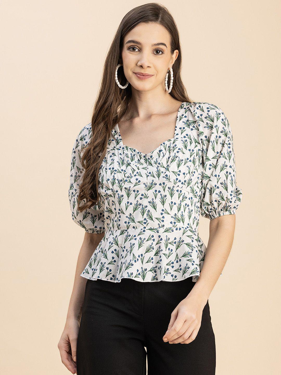 moomaya floral printed short sleeves sweetheart neck peplum top