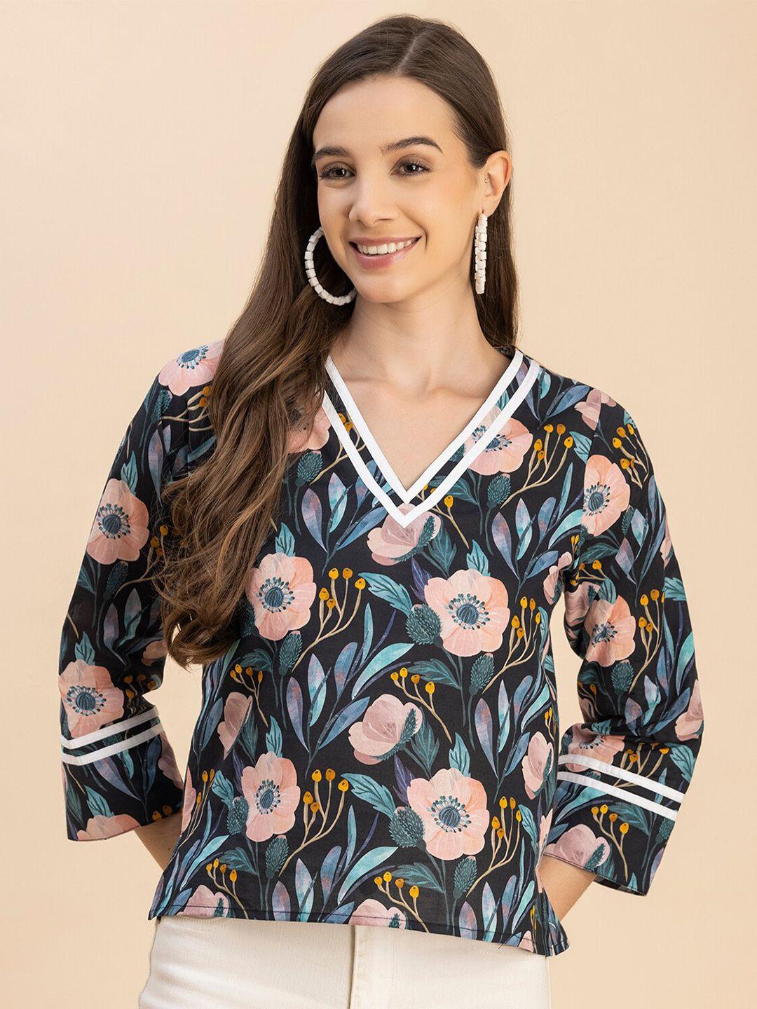 moomaya floral printed v neck casual top