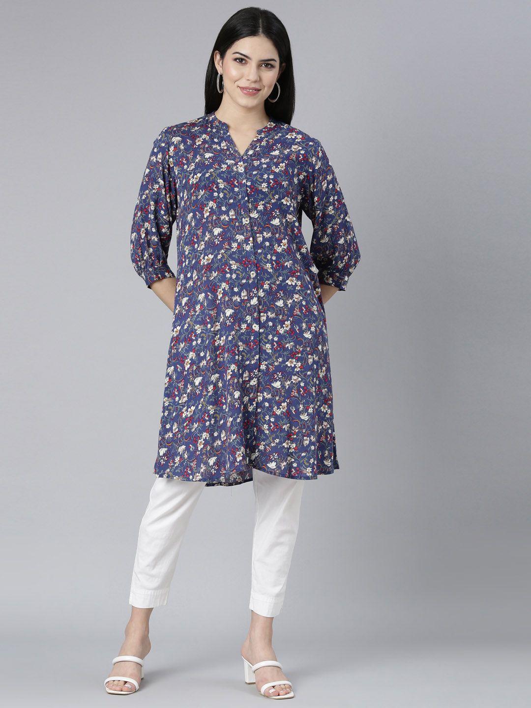 neerus women blue floral printed sequinned georgette kurta