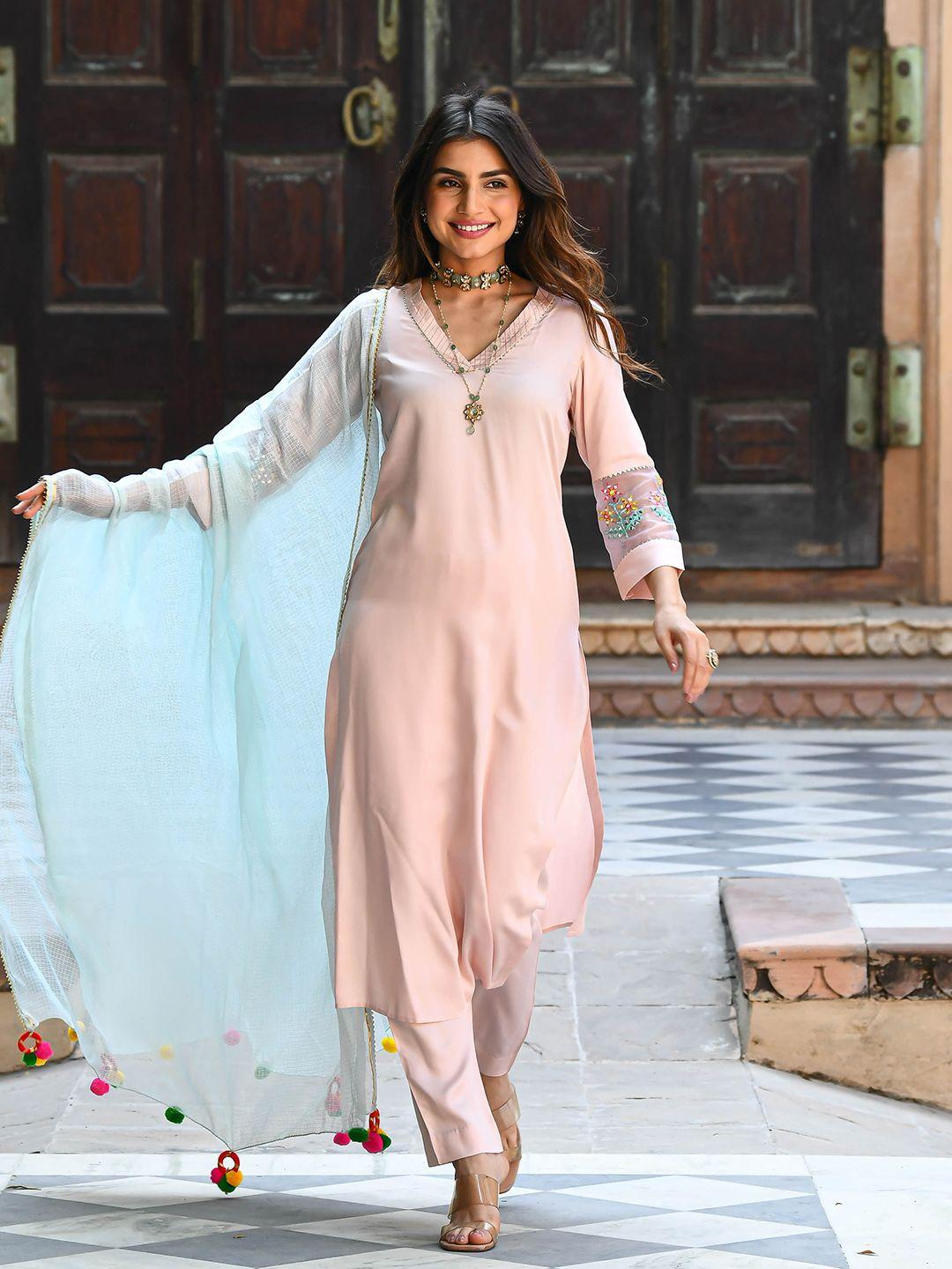 anouk regular v-neck straight kurta with trousers & dupatta