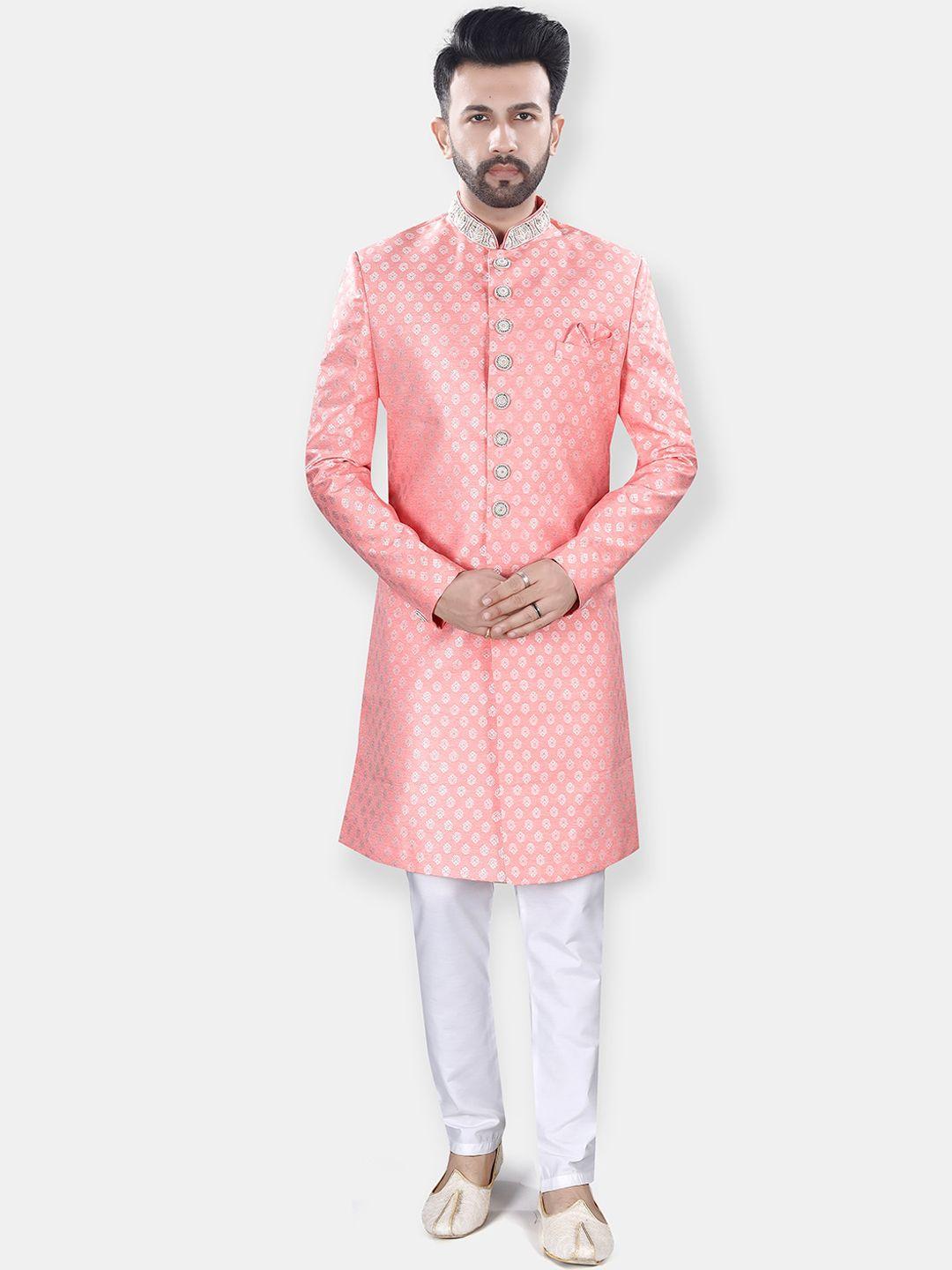 avaeta ethnic motifs woven design jacquard chanderi silk sherwani set