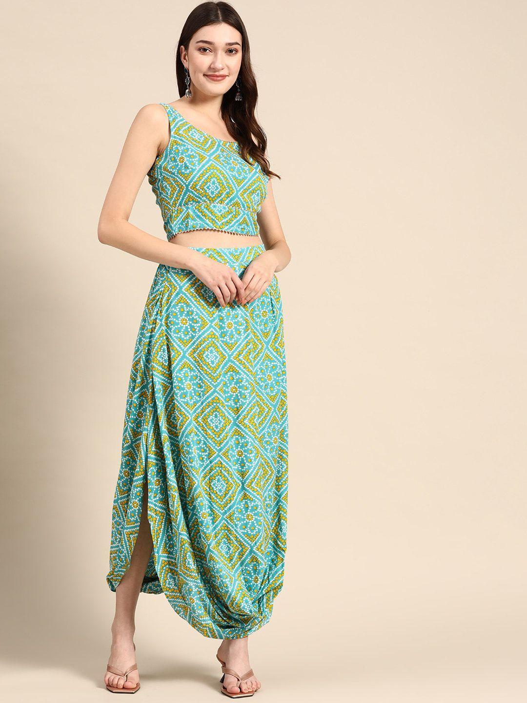 mabish by sonal jain bandhani printed crop top with cowl dhoti skirt