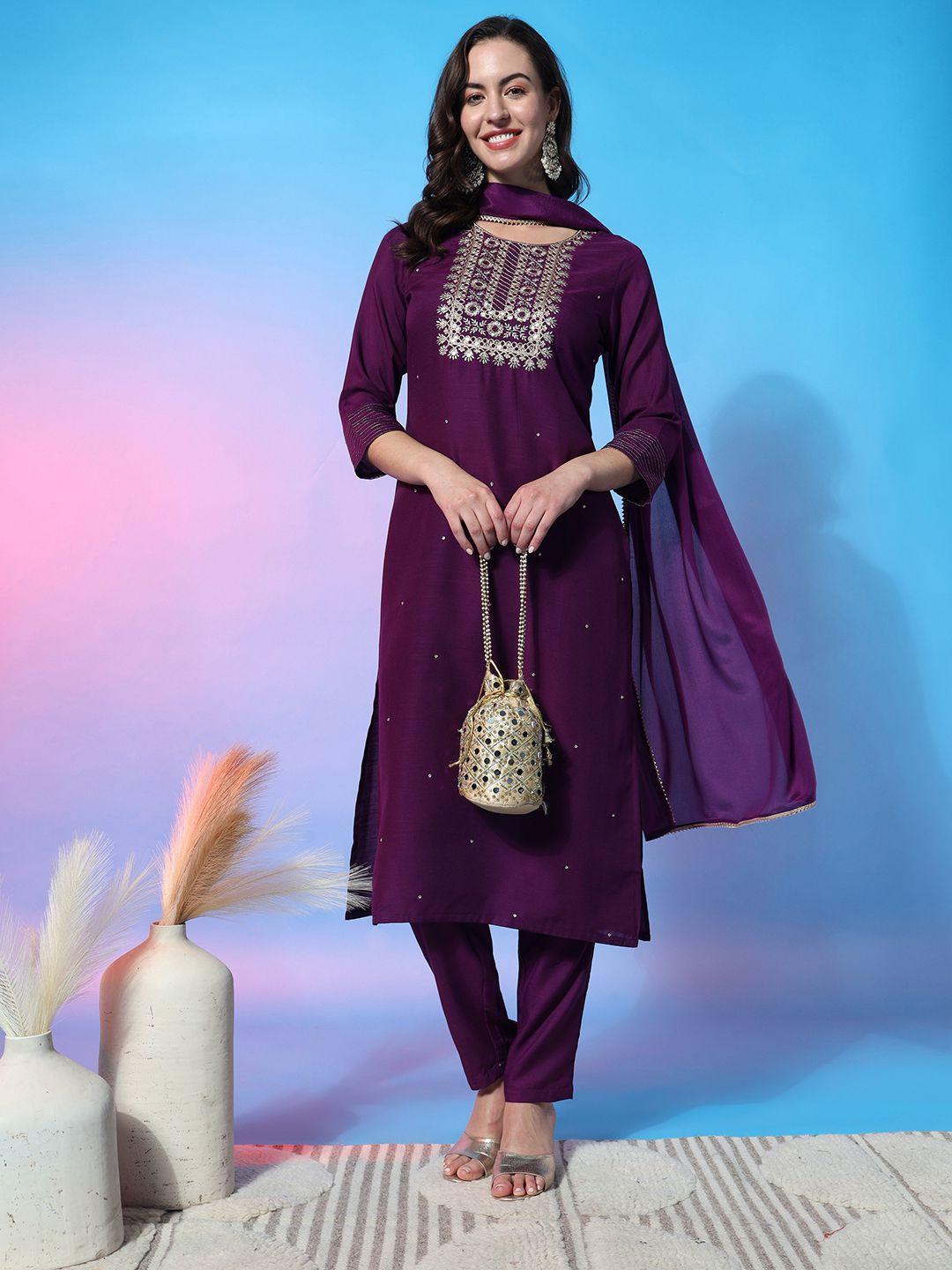 kalini women purple floral embroidered regular sequinned kurta with trousers & with dupatta