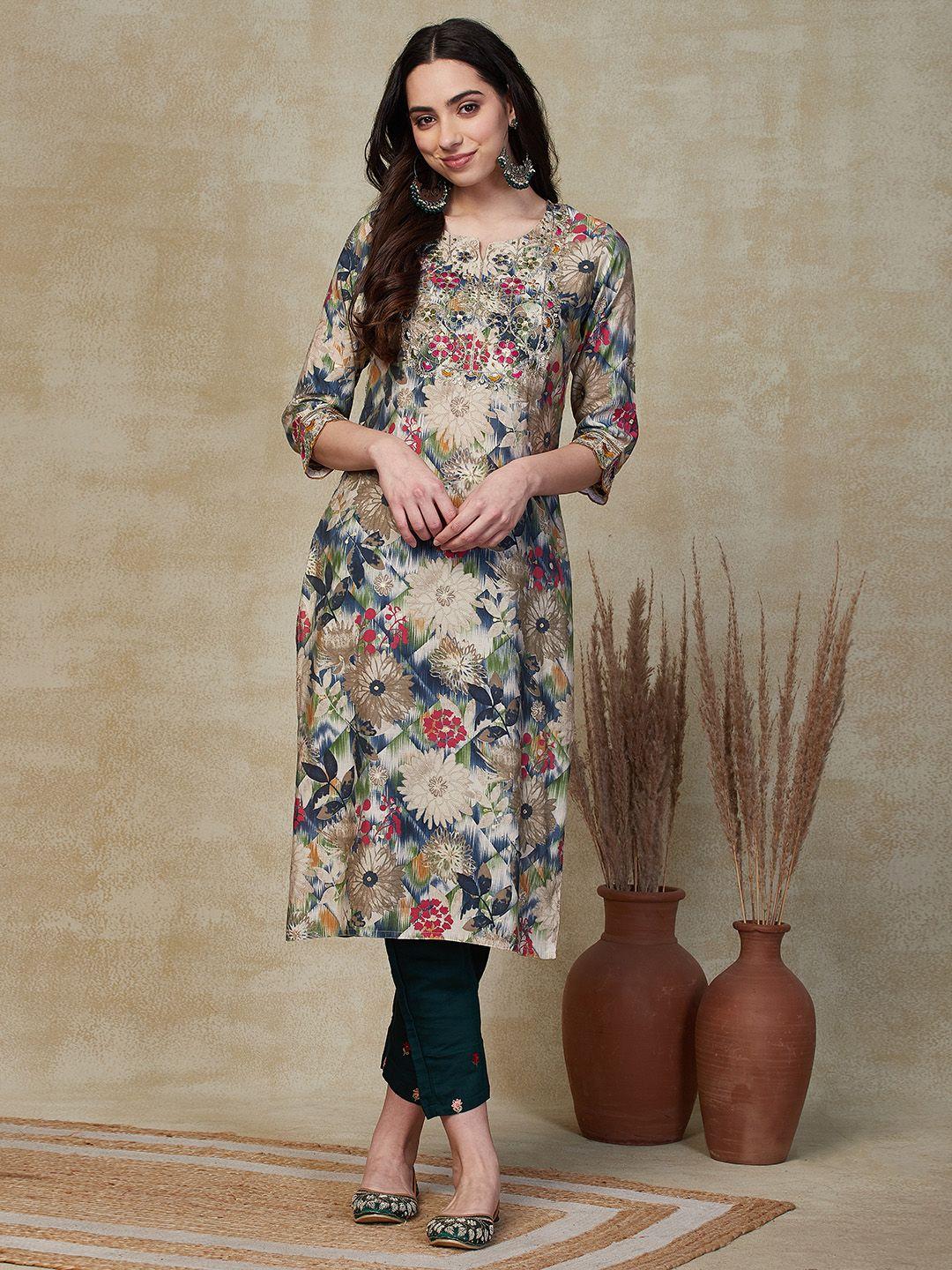 fashor floral printed notch neck sequins straight kurta