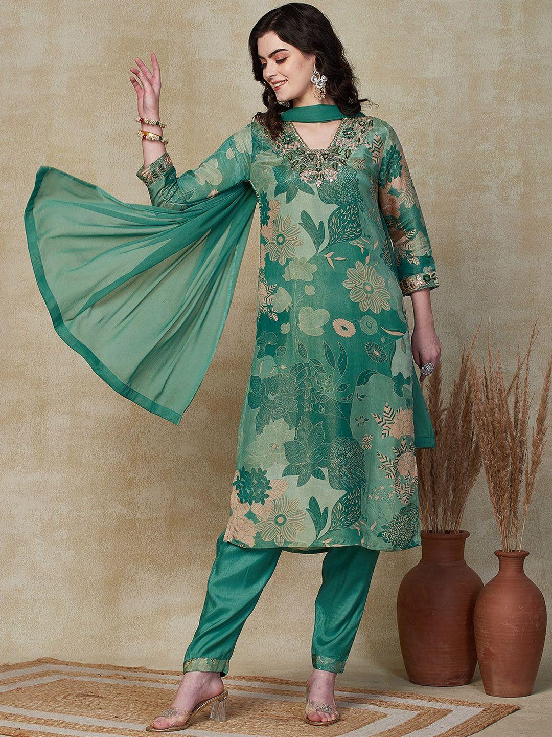 fashor floral printed regular mirror work kurta with trousers & dupatta