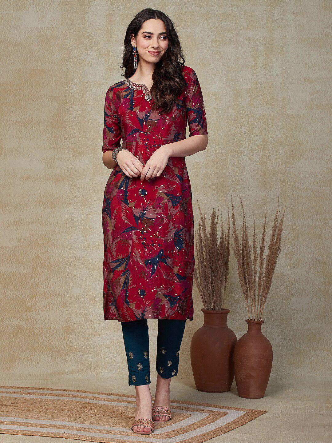 fashor floral printed cotton sequinned kurta