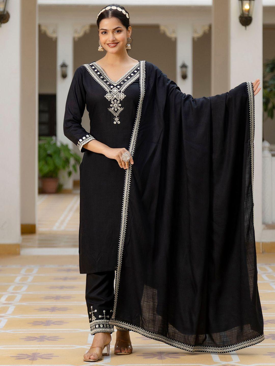 kalini ethnic motifs yoke or border mirror work kurta & trousers with dupatta