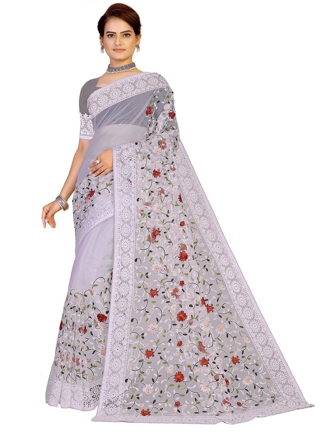 manvaa floral embroidered net saree