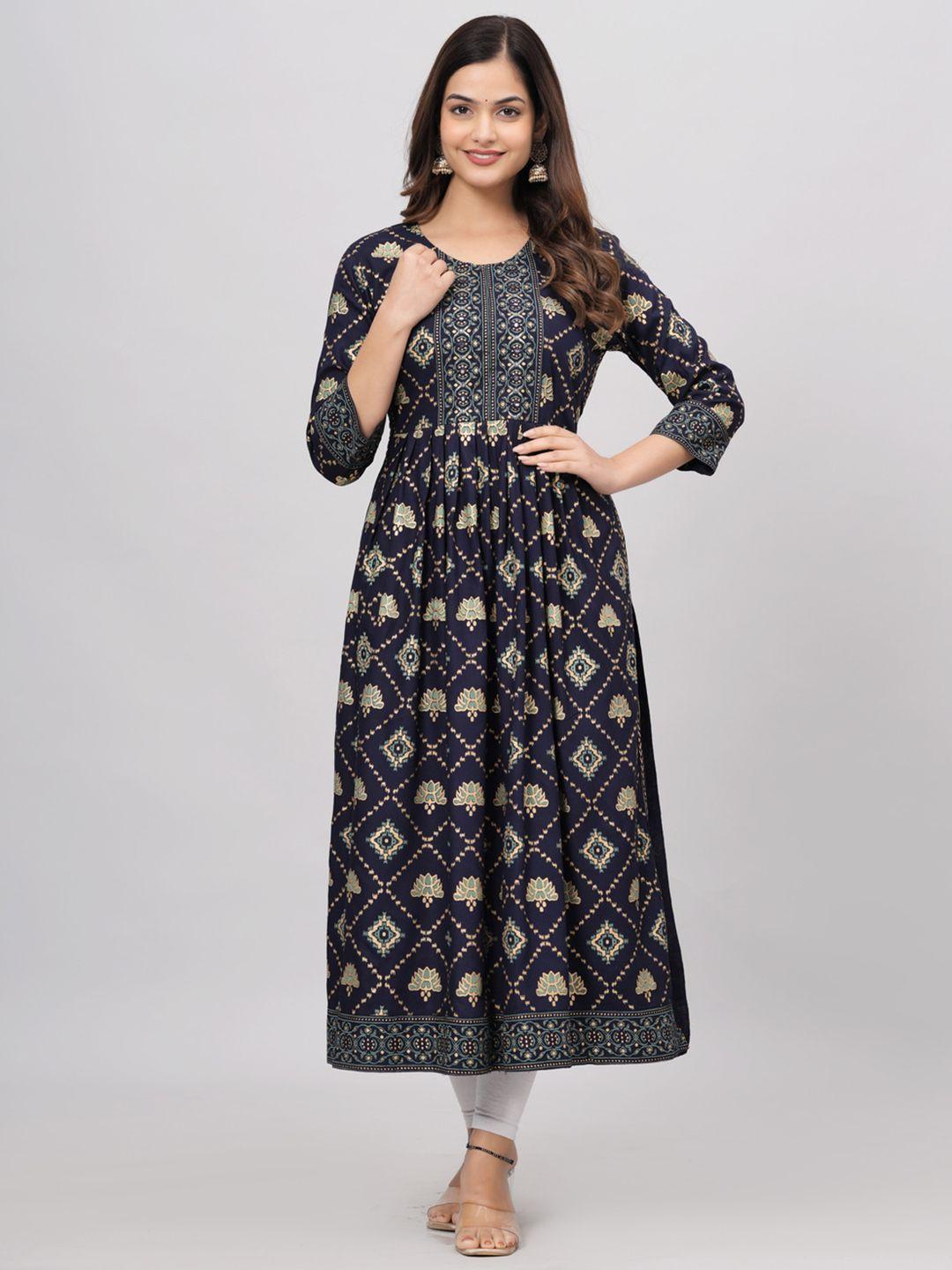 saabhi women navy blue geometric yoke design thread work kurta