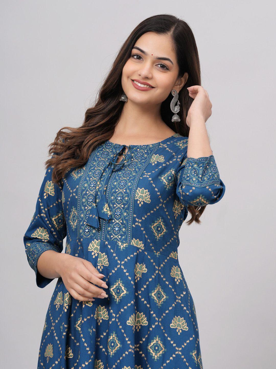 saabhi women blue geometric printed cold-shoulder sleeves gotta patti anarkali kurta