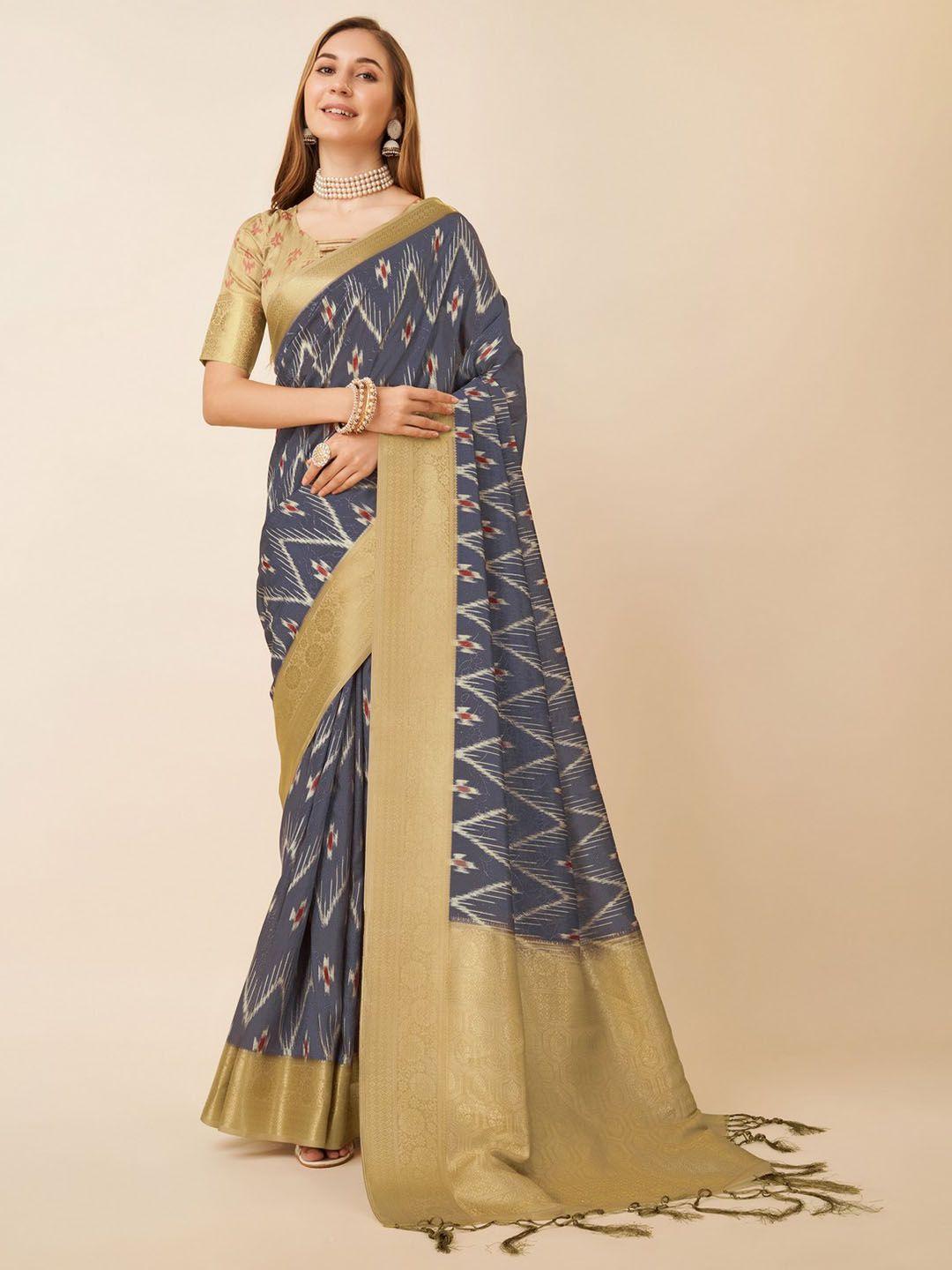 mitera geometric printed zari pure silk saree