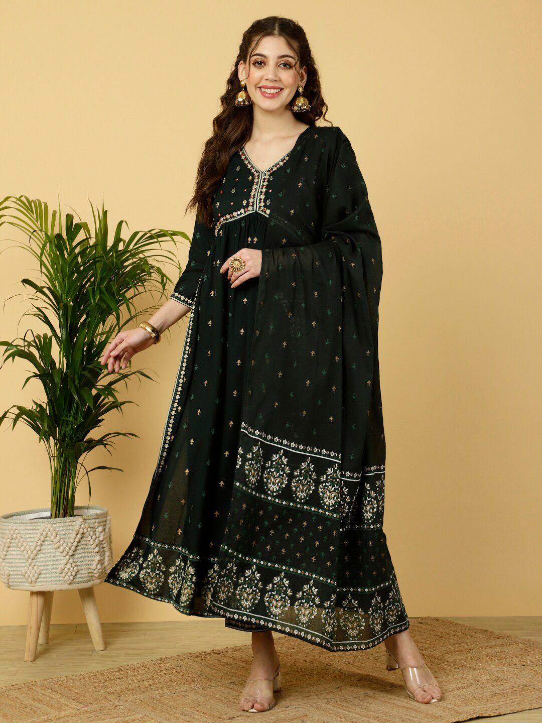 kalini  floral embroidered empire mirror work kurta with trousers & dupatta