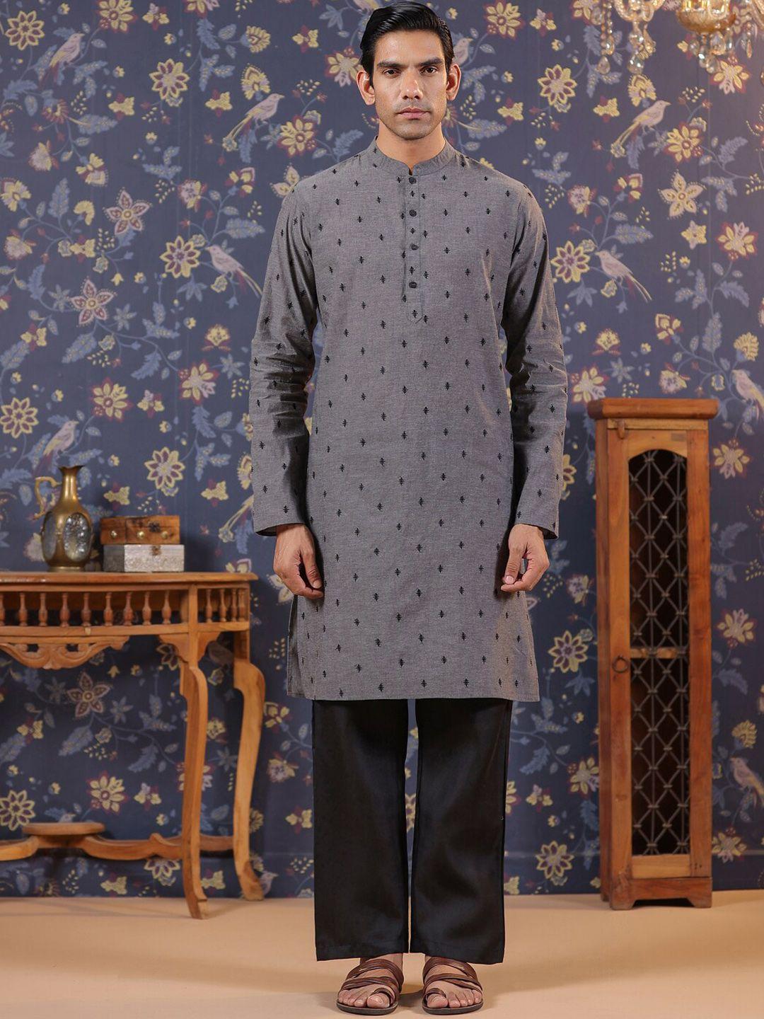 house of pataudi embroidered pure-cotton straight kurta with pyjama