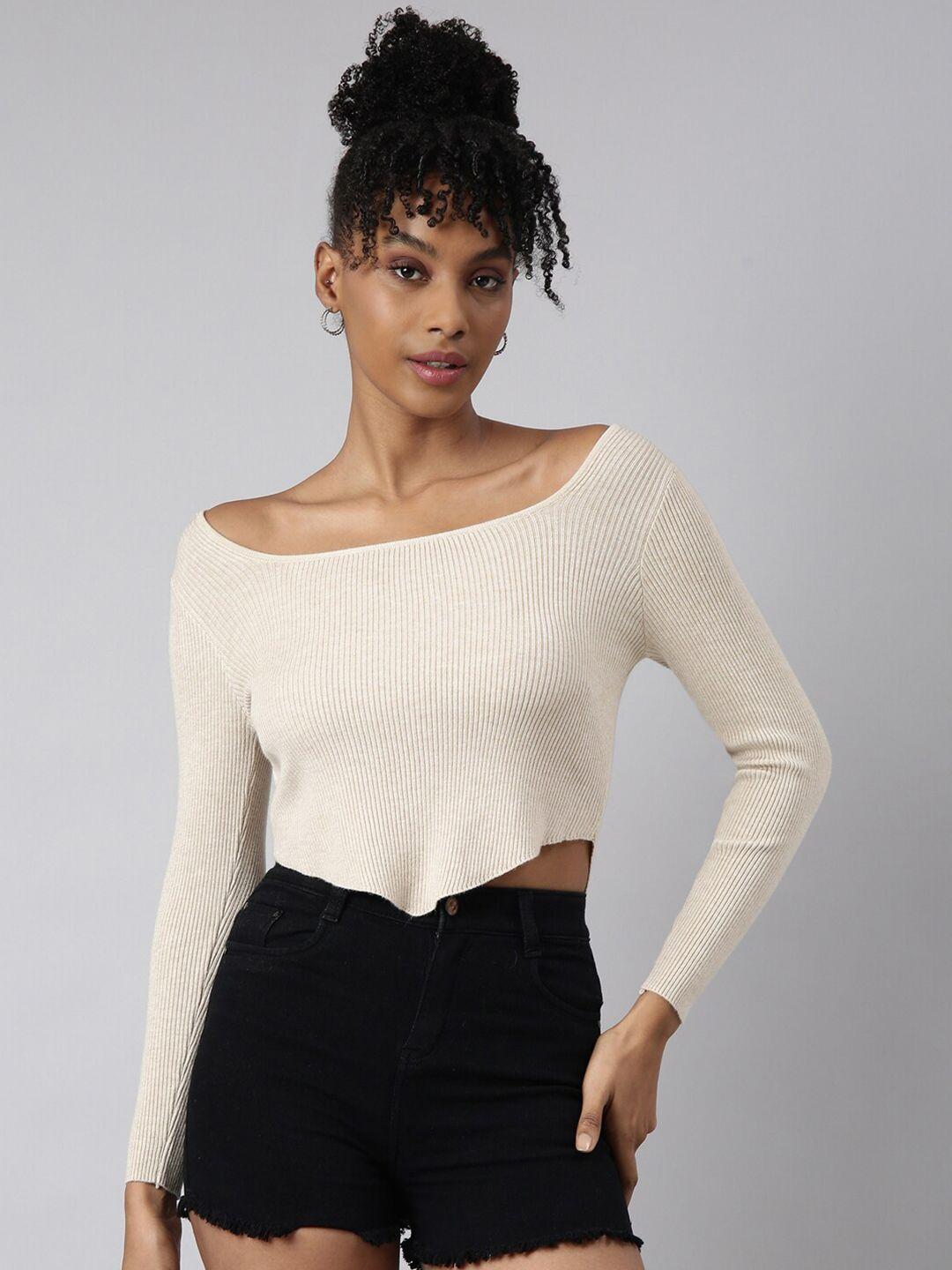 showoff off-shoulder fitted acrylic crop top