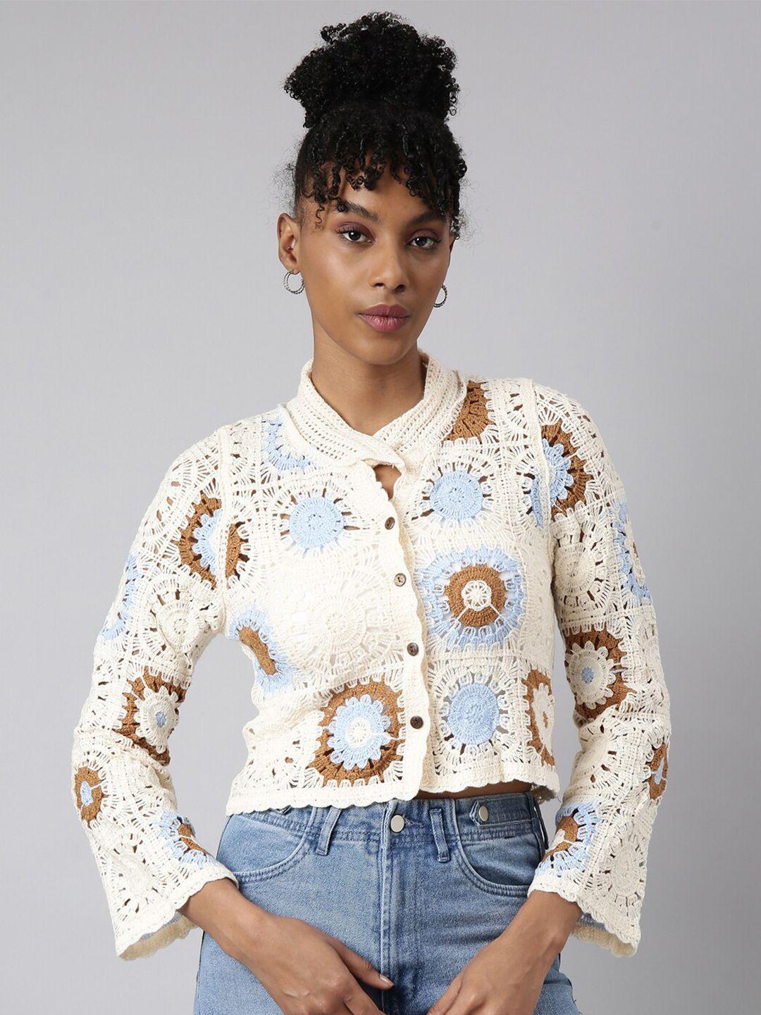 showoff floral printed shirt style crop top