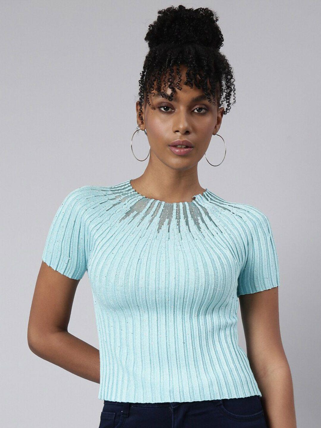 showoff striped embellished short sleeves round neck crop top