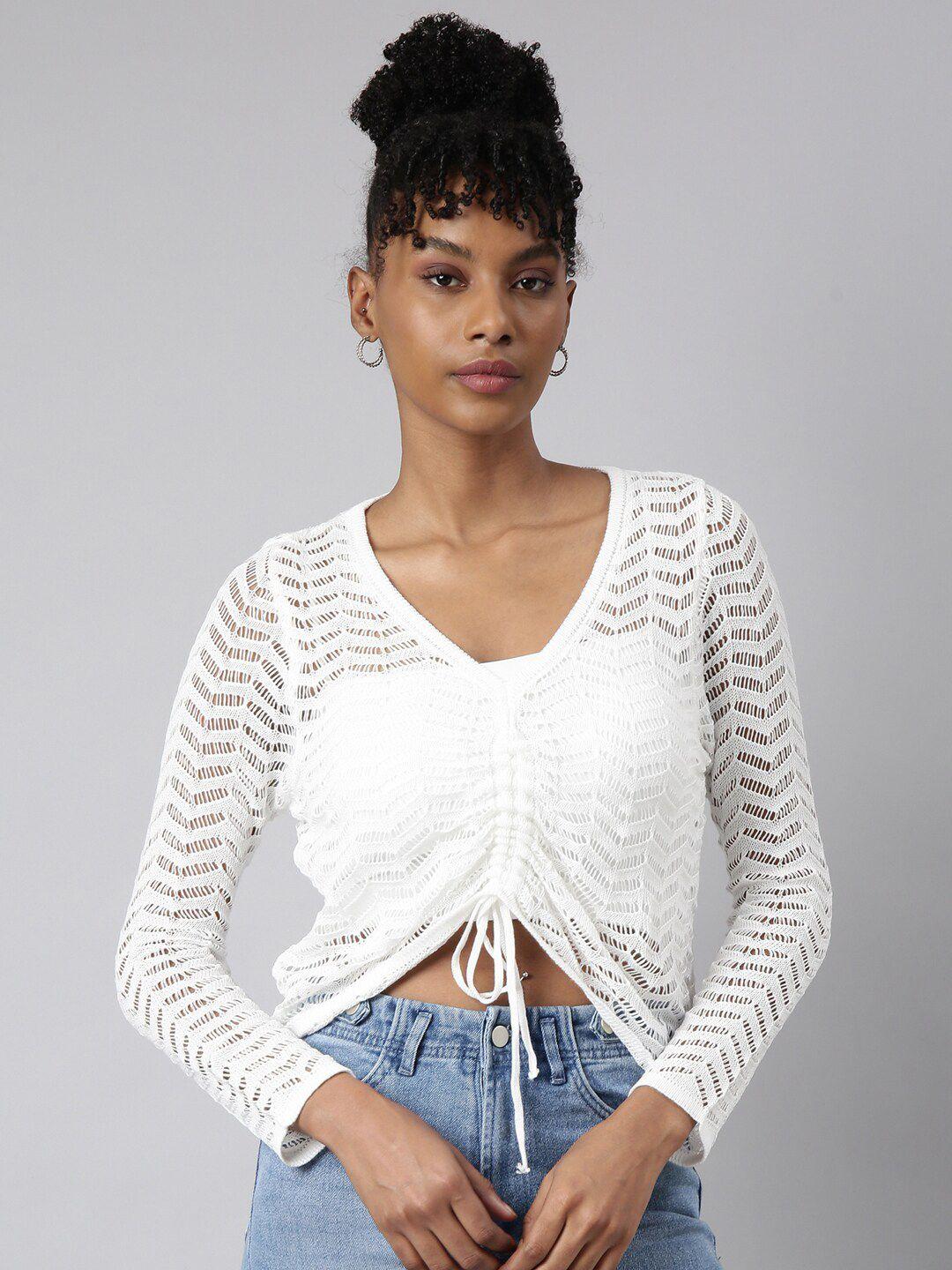 showoff  v-neck self design crochet ruched top comes with inner slip