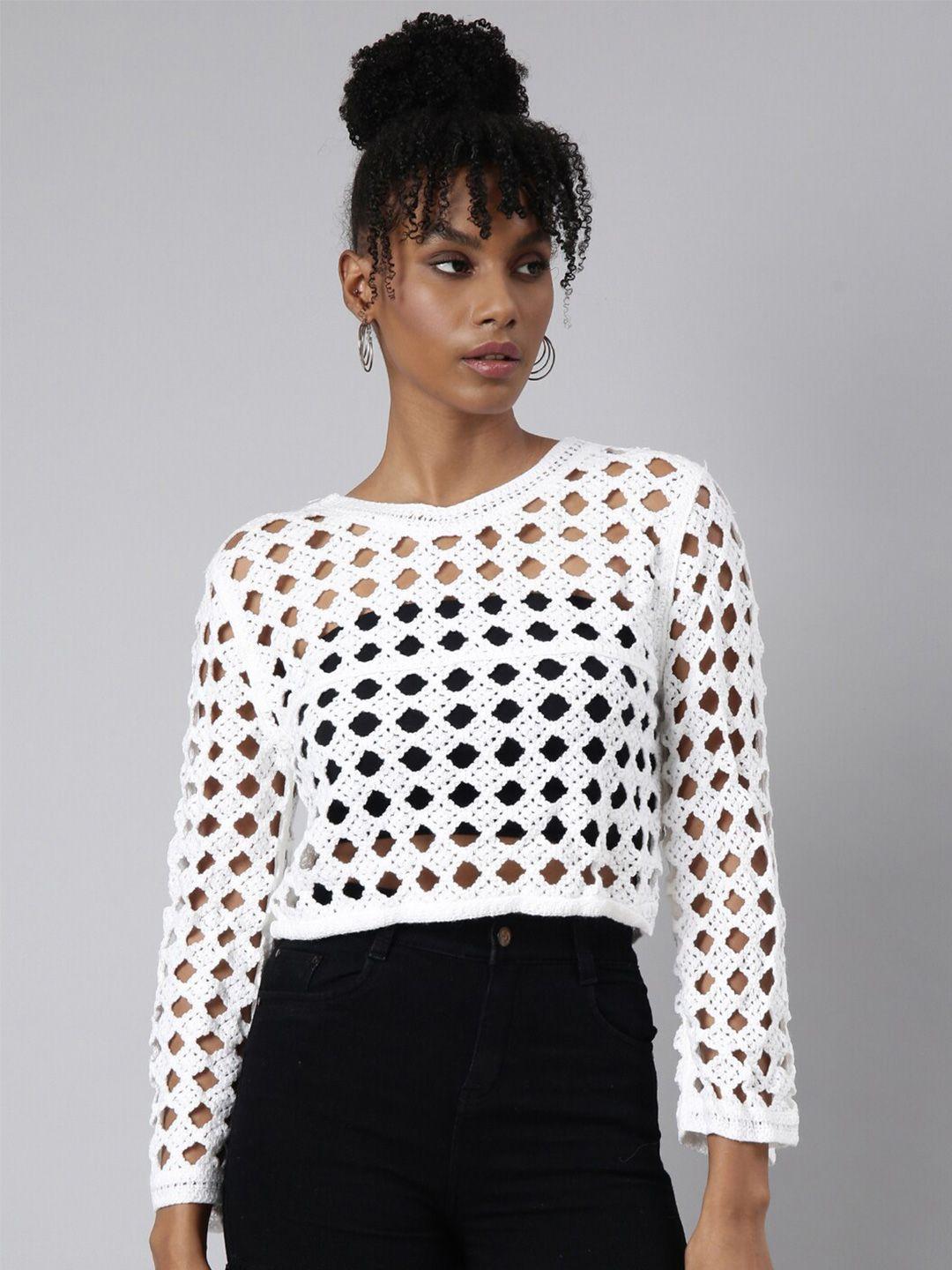 showoff round neck geometric print crochet crop top