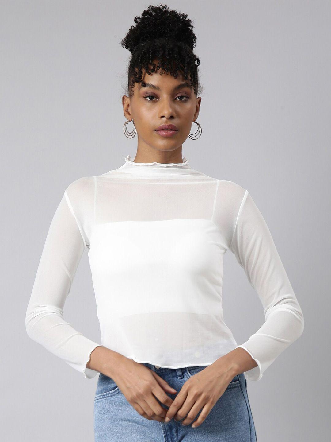 showoff high neck long sleeves net crop top