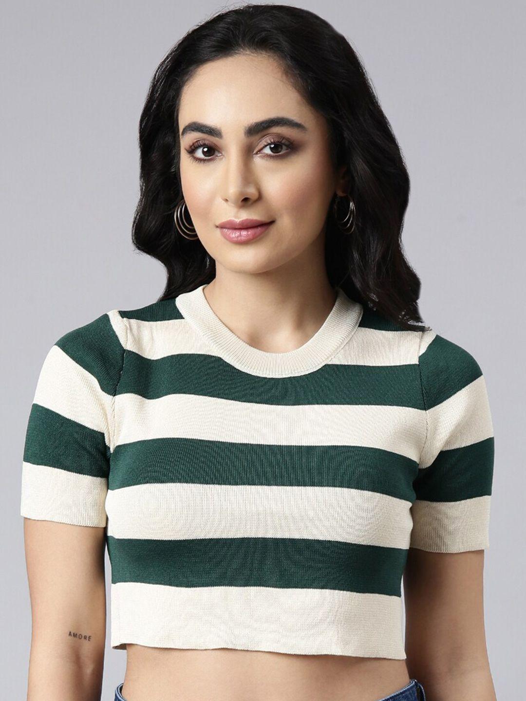 showoff round neck horizontal striped crop top