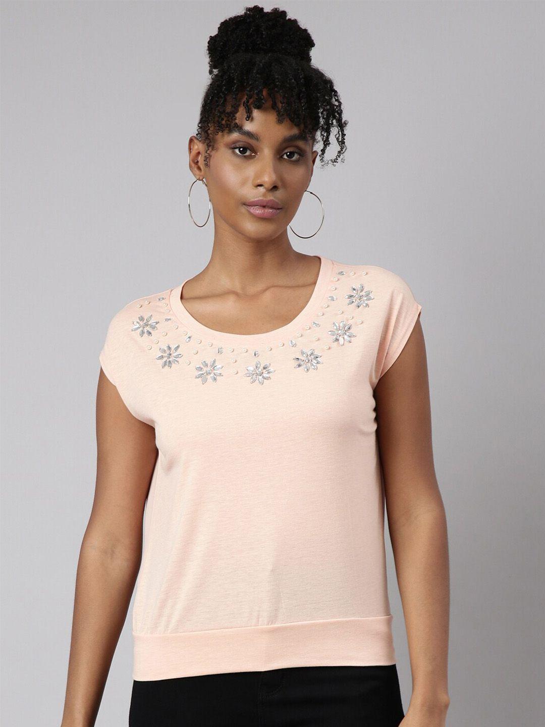 showoff embellished round neck studded top