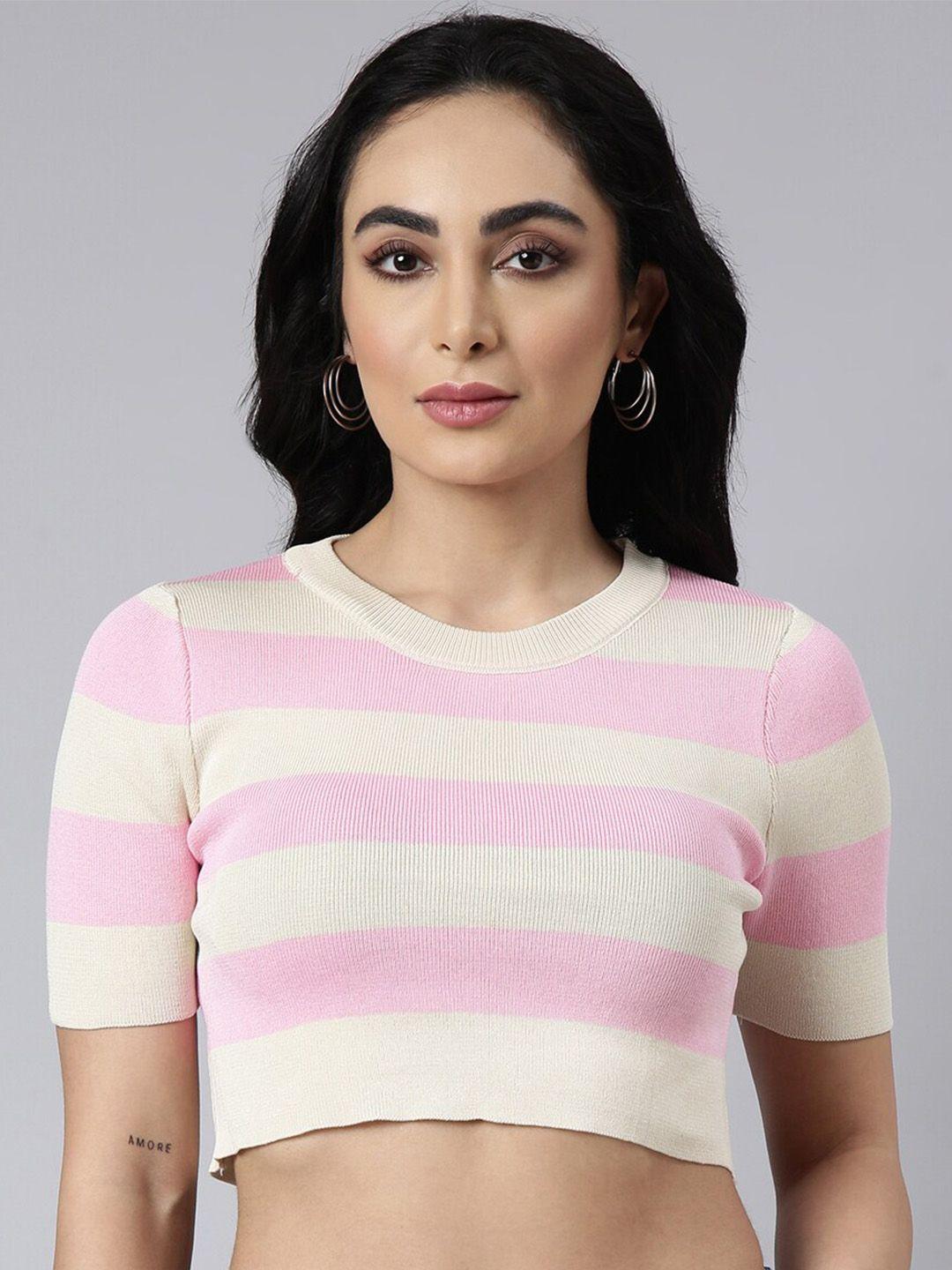 showoff short sleeves round neck striped crop top