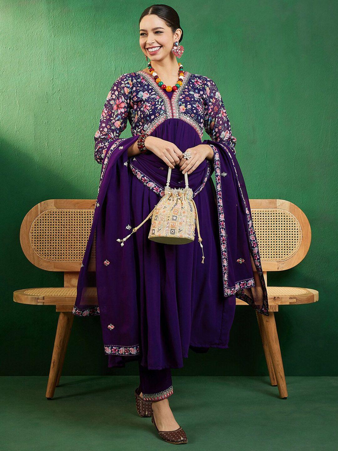 sangria purple yoke design printed a-line empire kurta with trousers & dupatta