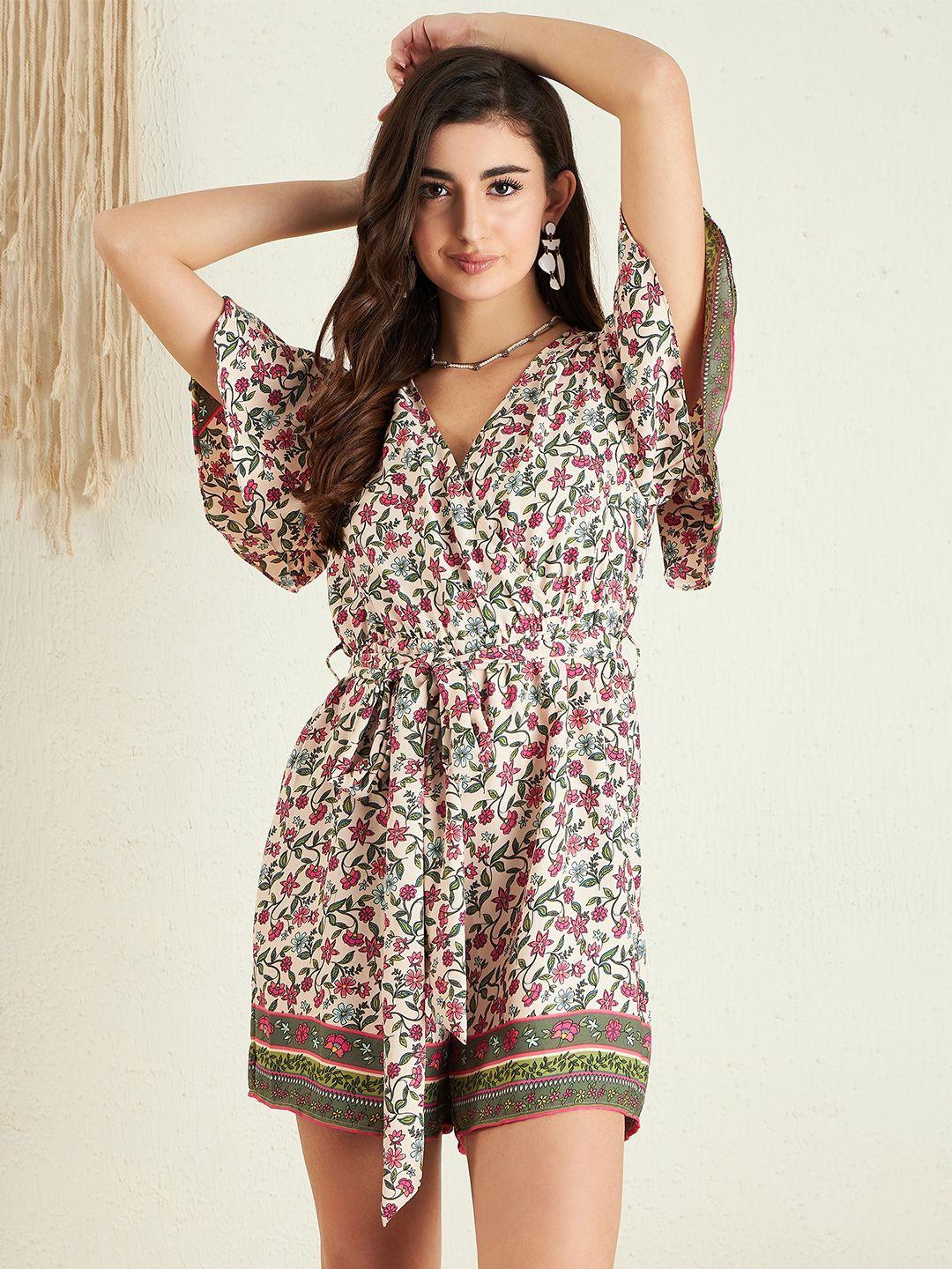 berrylush pink floral printed v-neck flared sleeves playsuit with belt