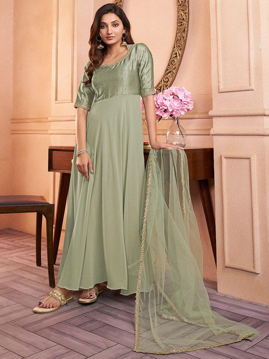 inddus embroidered fit & flare georgette ethnic dress & dupatta