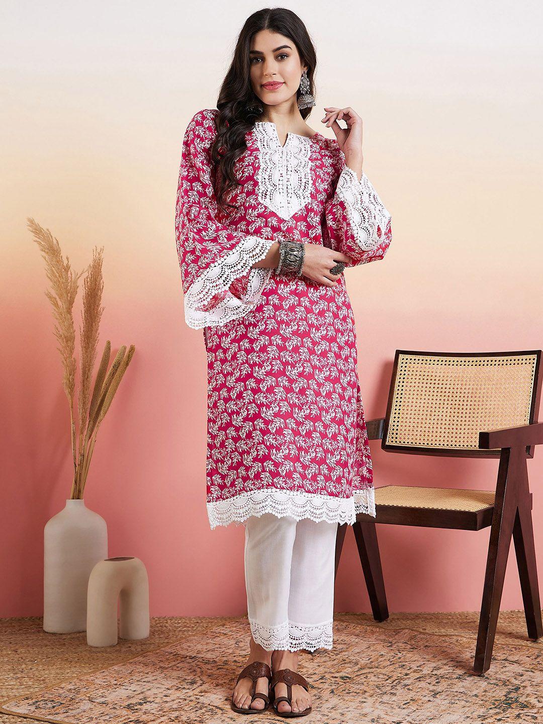 inddus floral printed thread work straight kurta