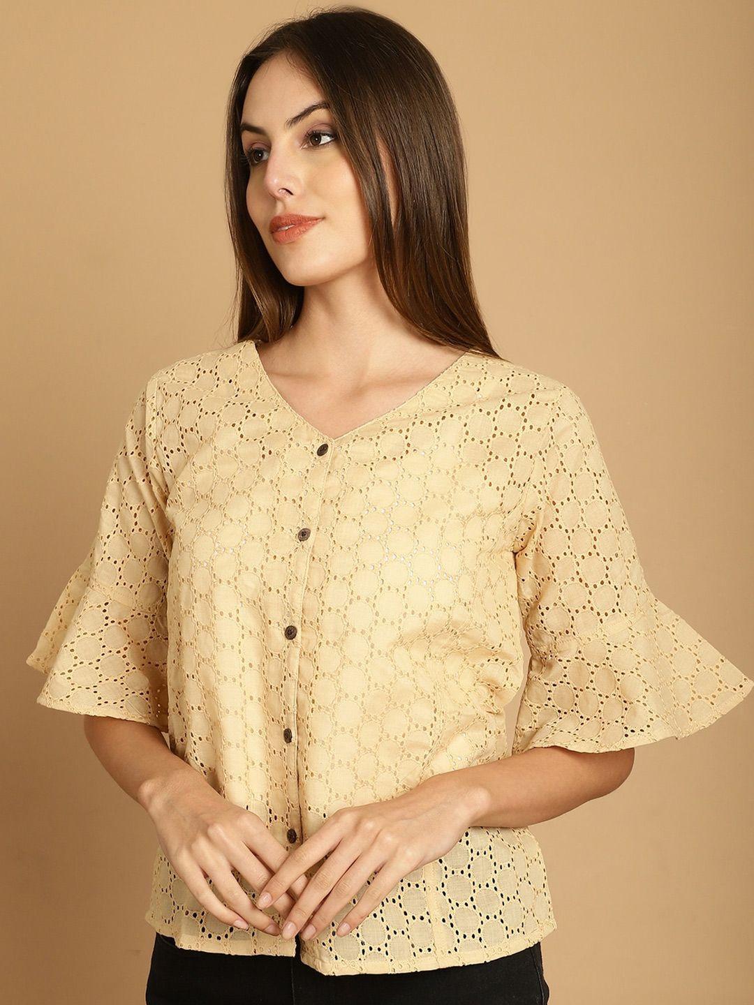 indian needle geometric embroidered v-neck cotton shirt style top