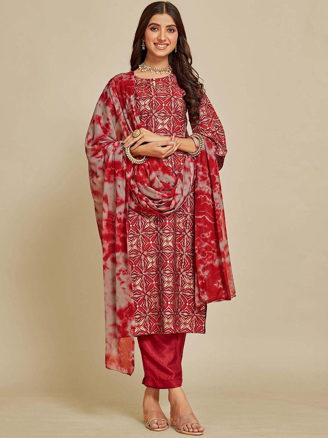 sangria red ethnic motifs printed keyhole neck flared sleeves kurta & trouser with dupatta