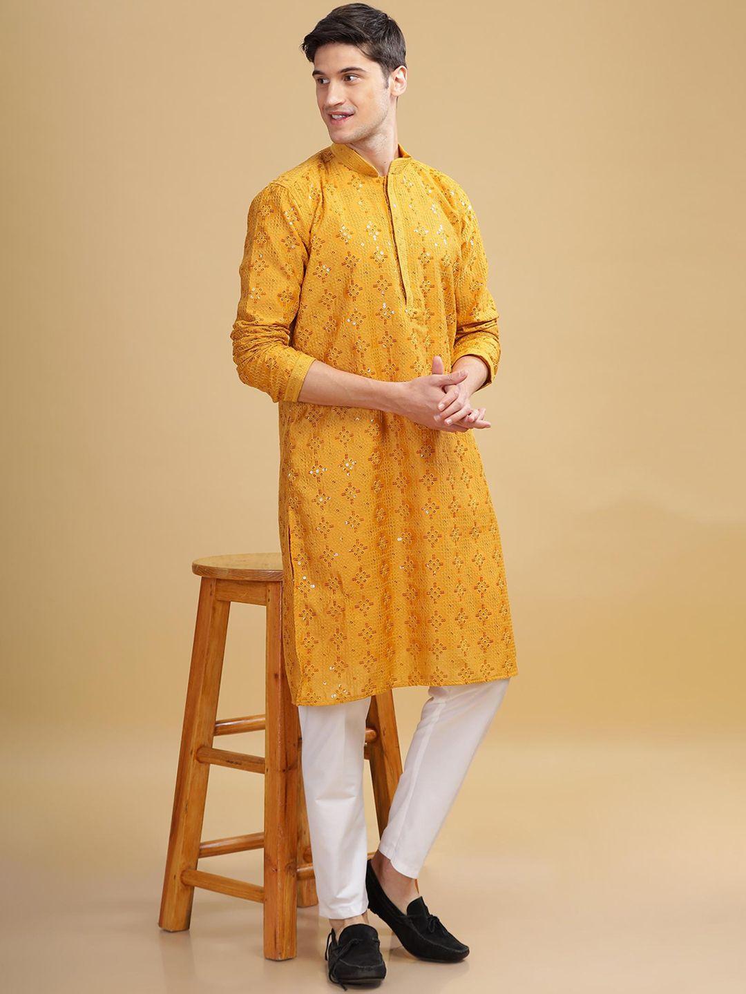 anouk yellow ethnic embroidered mandarin collar sequinned lucknowi cotton straight kurta