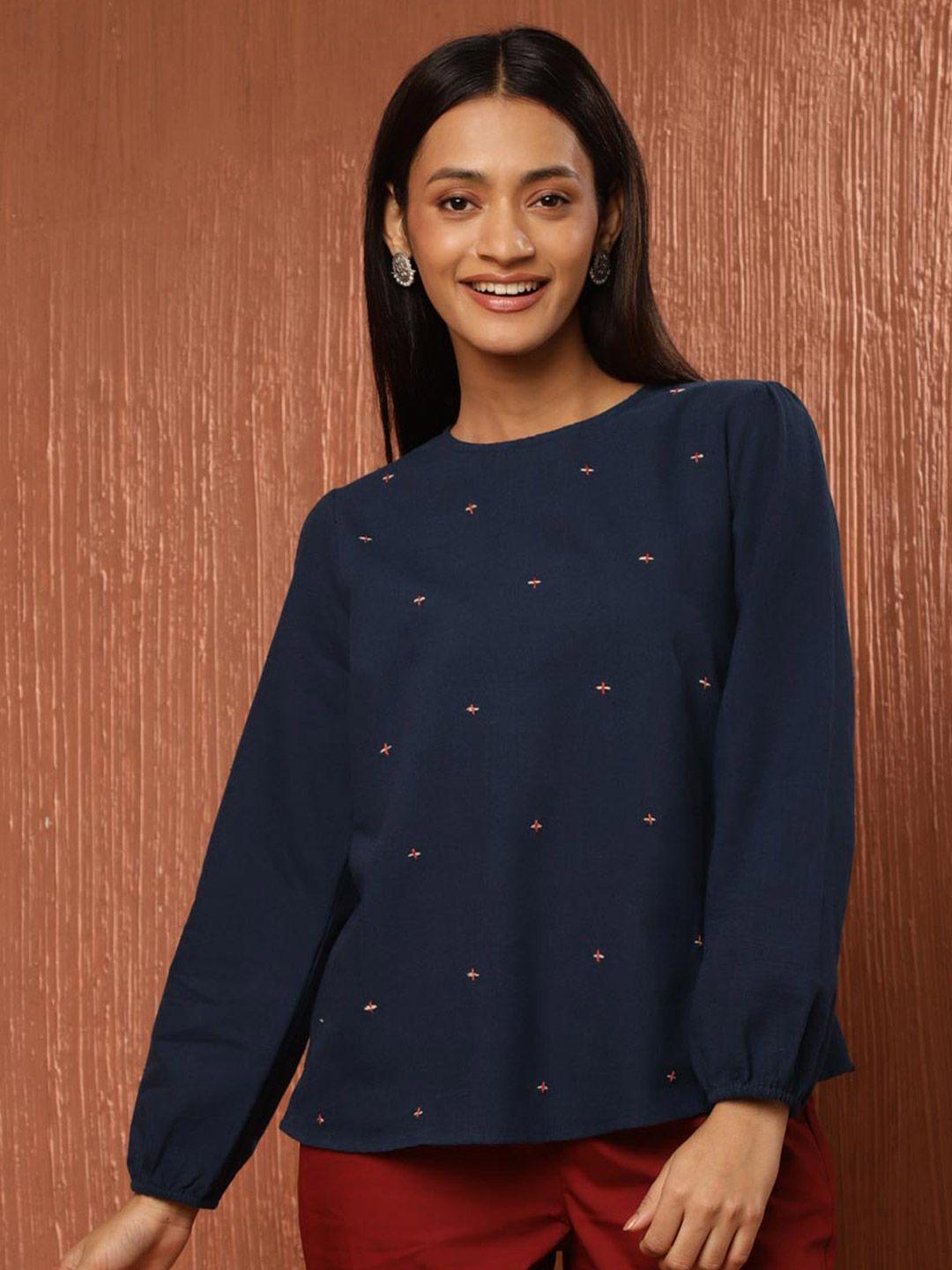 fabindia round neck embellished cotton top