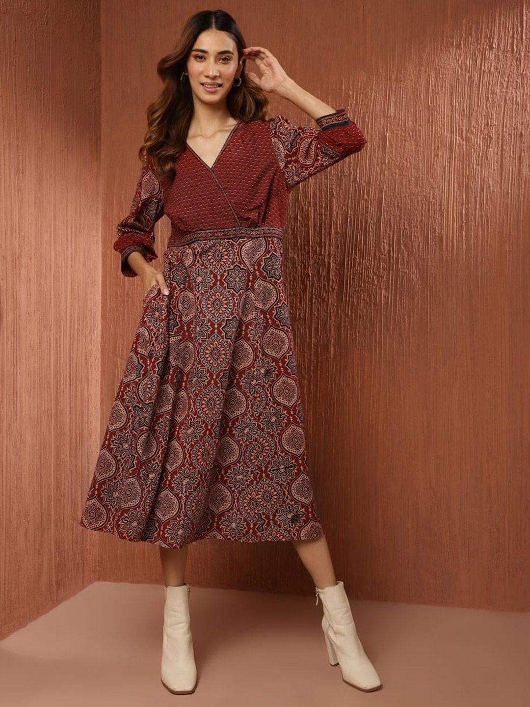 fabindia ethnic motifs printed v-neck long sleeves midi cotton dress