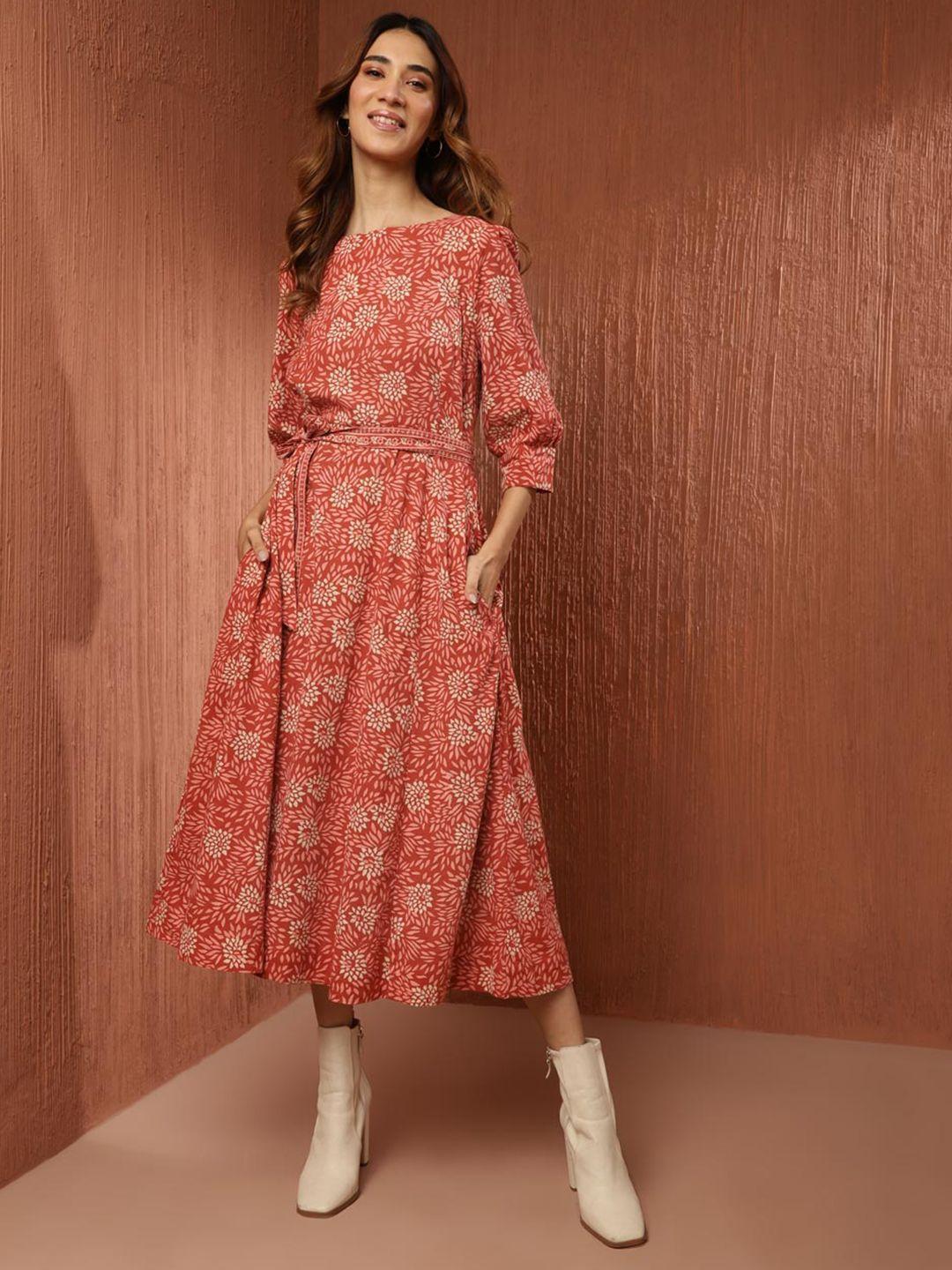 fabindia ethnic motifs printed round neck three-quarter sleeves a-line midi cotton dress