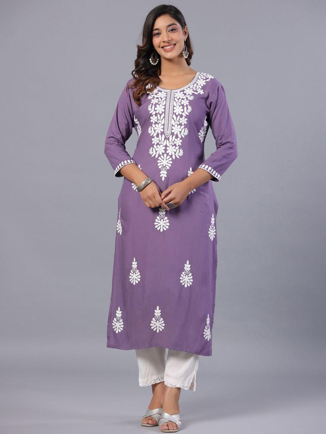 amchoor floral embroidered thread work round neck straight kurta