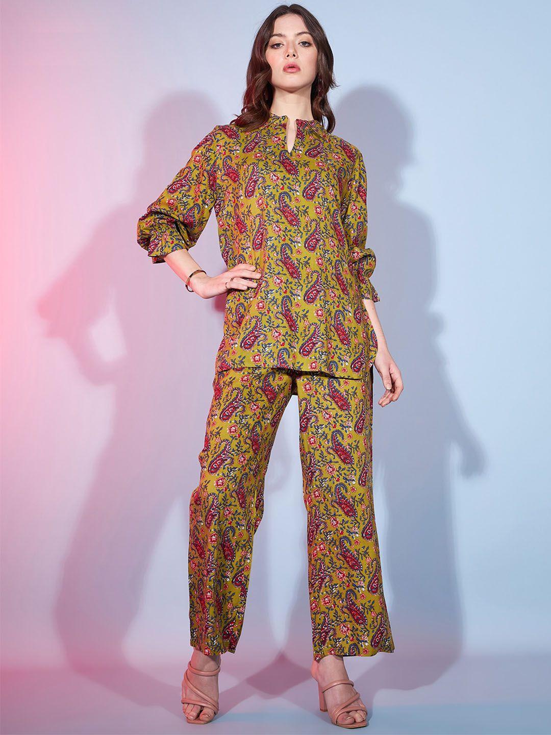 dressberry olive green paisley printed tunic & trouser co-ords