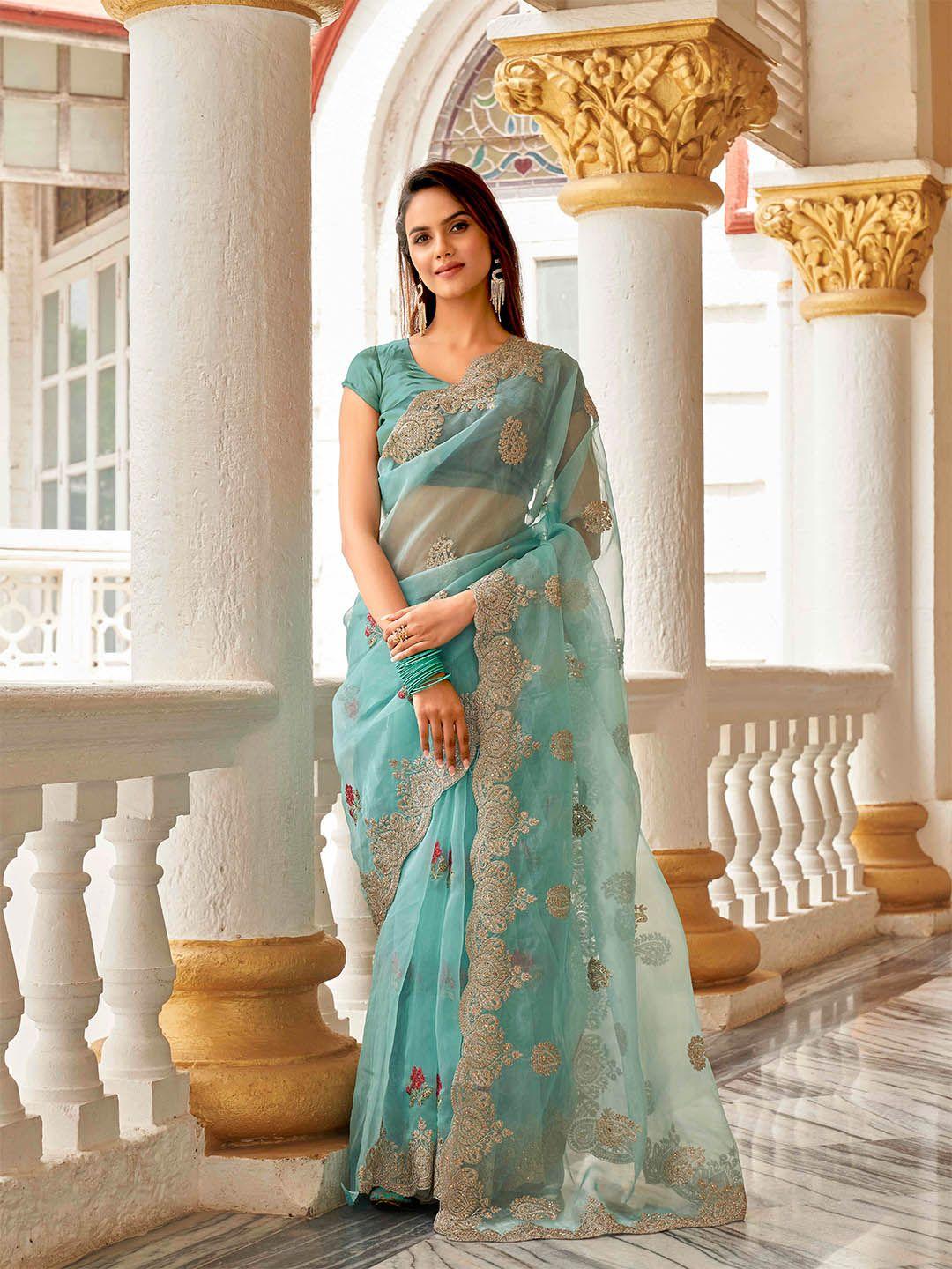 tikhi imli floral beads and stones organza heavy work saree