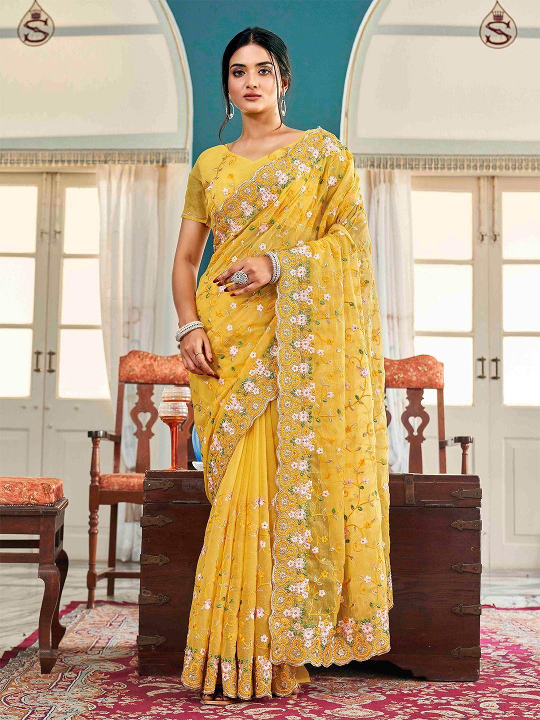 tikhi imli ethnic motifs beads and stones poly chiffon heavy work saree