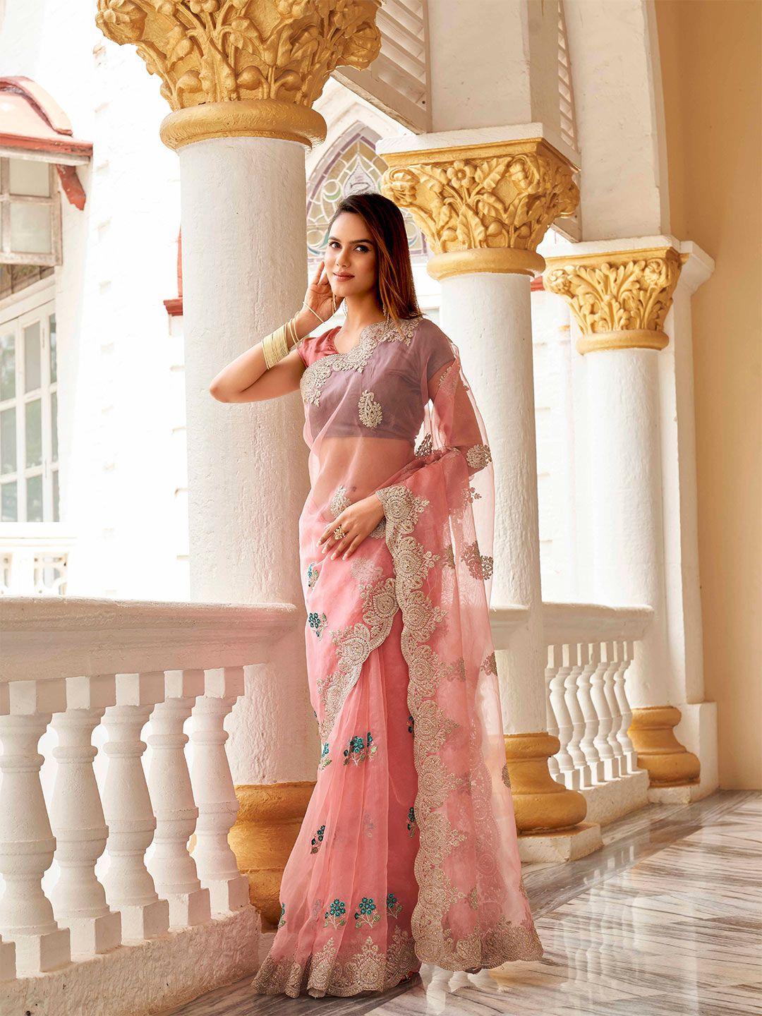 tikhi imli floral beads and stones organza heavy work saree