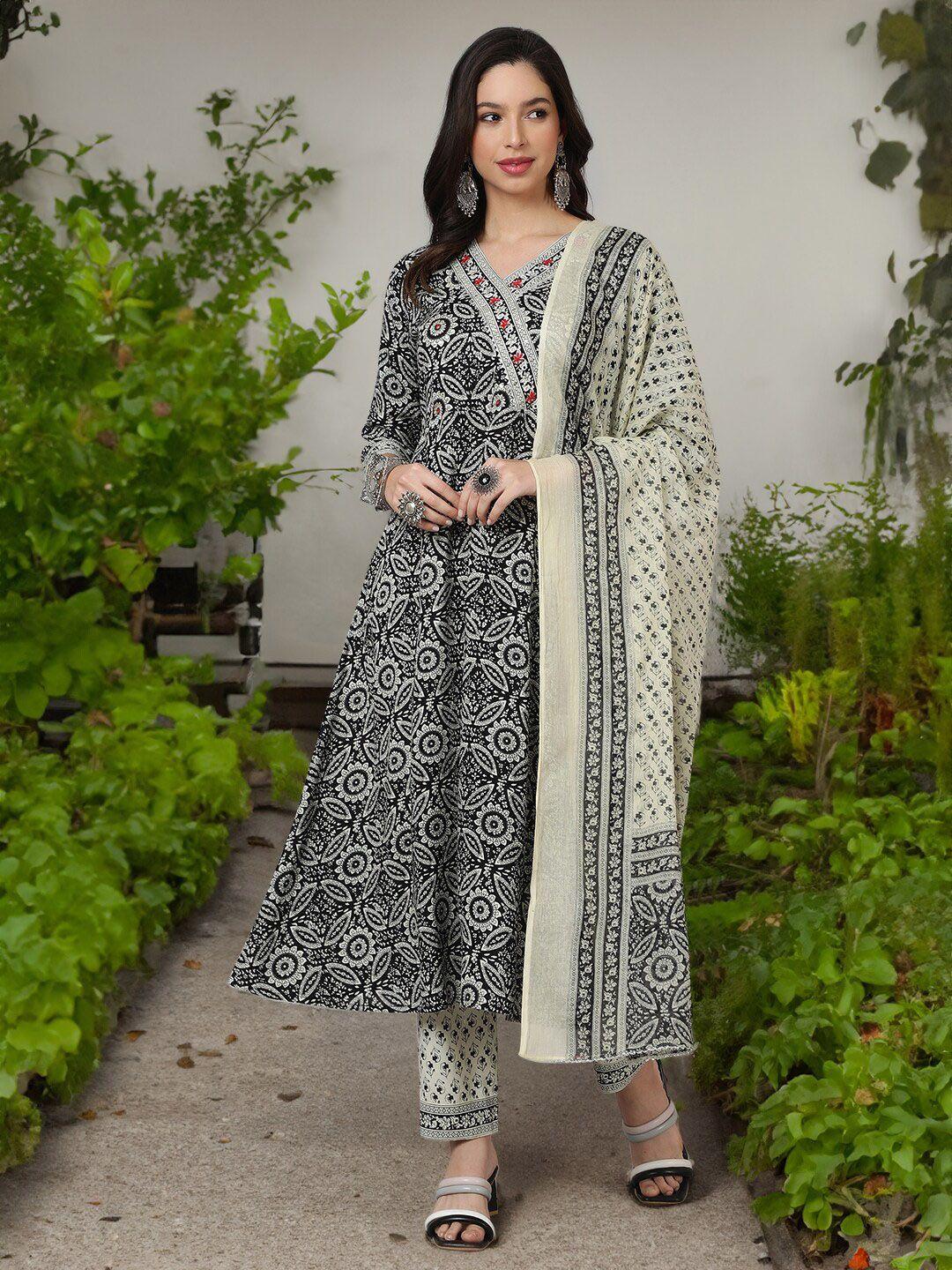 sak jaipur floral printed angrakha kurta with trousers & dupatta