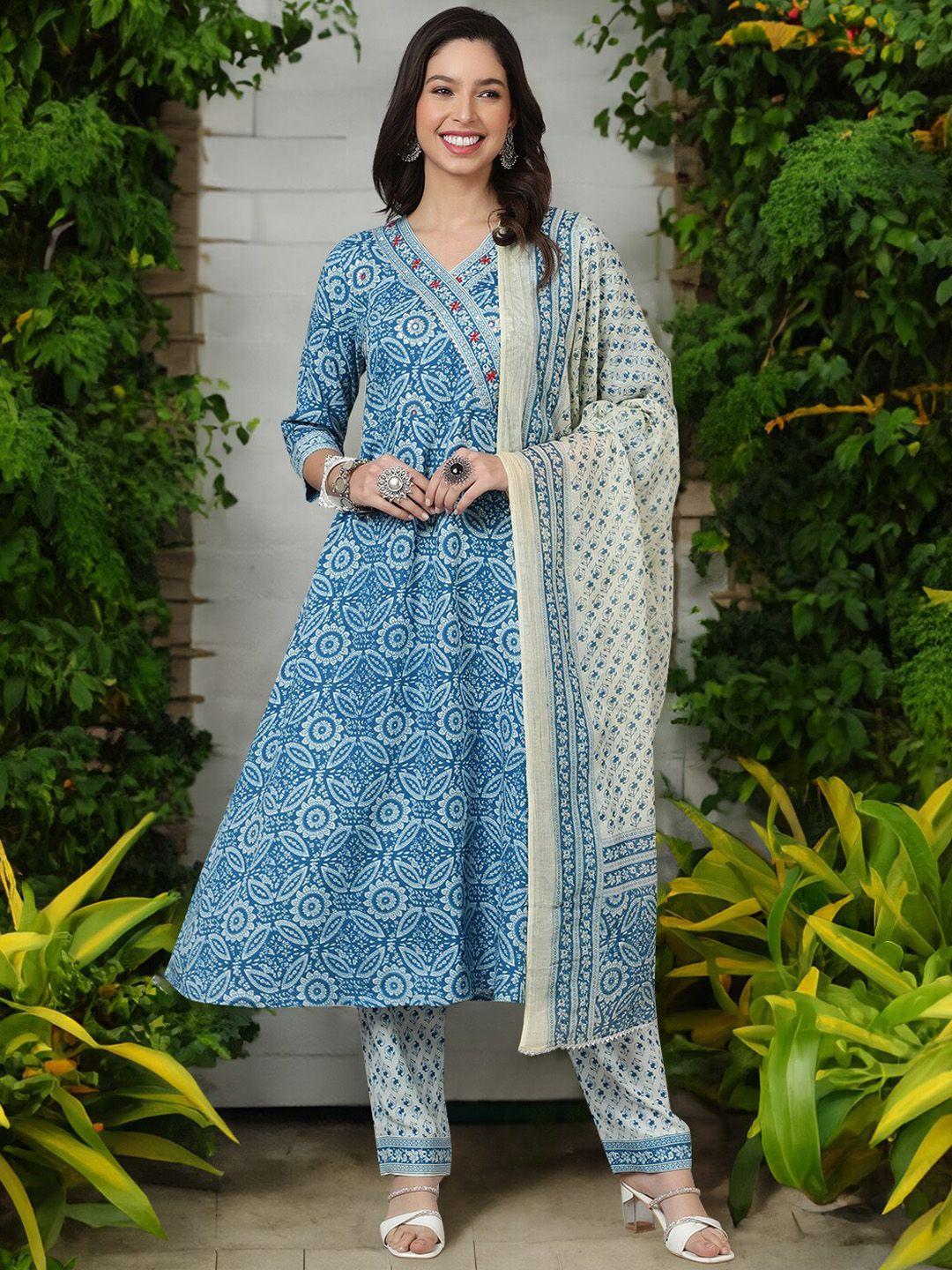 sak jaipur floral printed angrakha kurta with trousers & dupatta