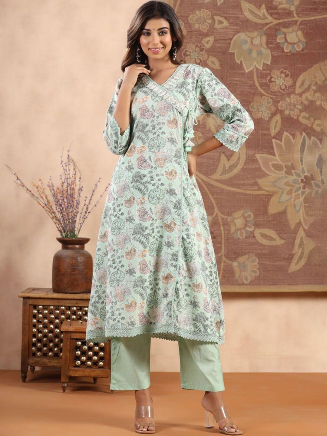 advya women floral printed angrakha mirror work pure cotton kurta with trousers