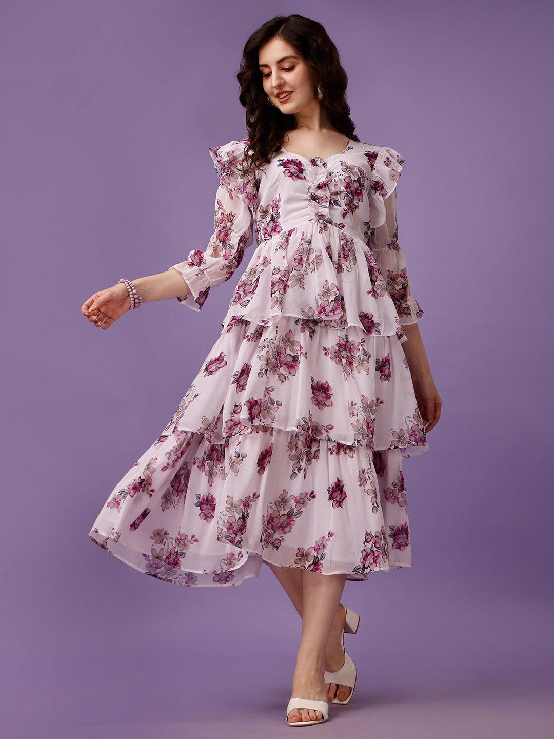 hetvi creation floral printed sweetheart neck layered georgette fit & flare midi dress